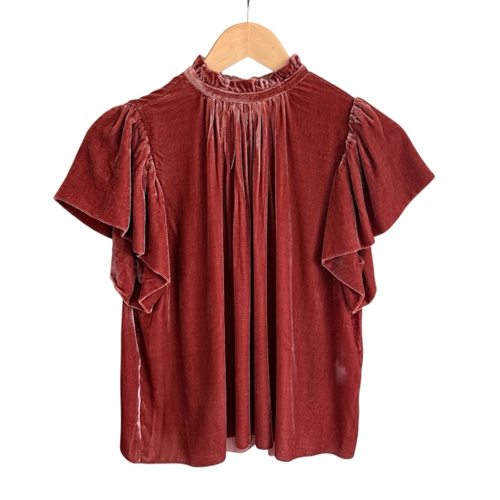 Trovata Birds of Paradis Velvet Ruffle Silk Blouse XS Dusty Rose Flutter Sleeve